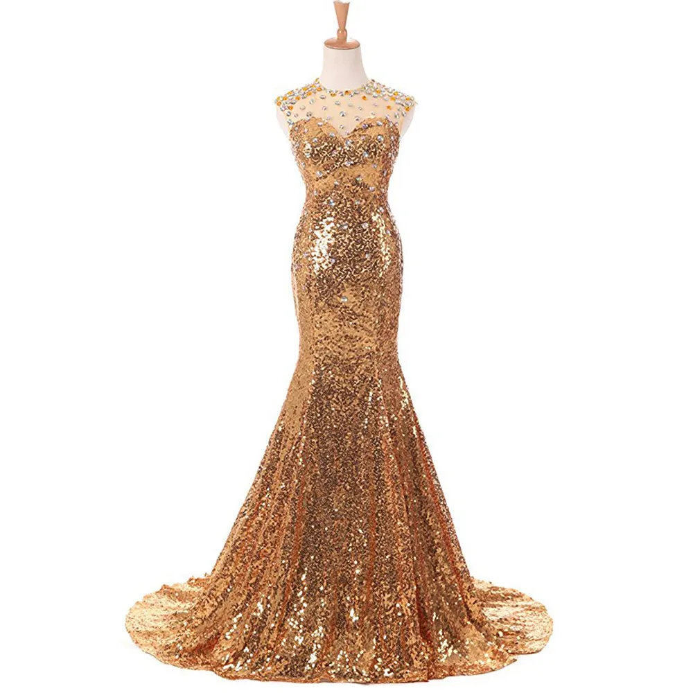 Sexy Gold Sequin sleeveless long Evening Dresses Fish Cut party Dresses Women Maxi Evening Dress