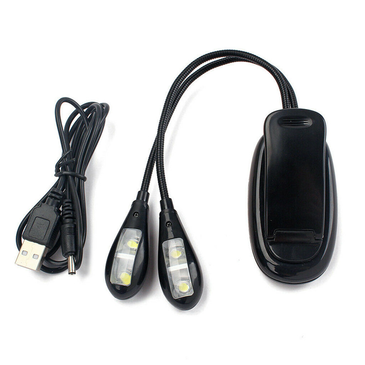 Гибкая Музыкальная подставка для чтения на гусином шею, USB-зарядка, двойной рычаг, 4 светодиодных лампы для чтения книг с клипсой
