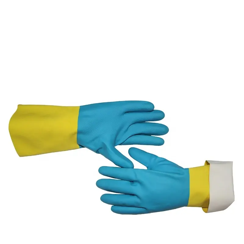2 Color natural Long rubber latex Flock Liner Cleaning blue yellow Household Hand straight cuff Glove