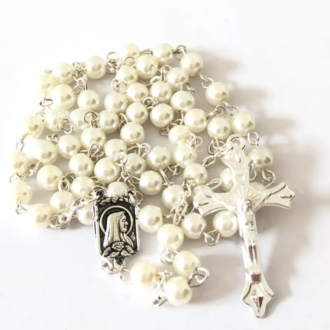 Wholesale cheap white pearl beads rosary necklace with alloy cross and fatima rosary center
