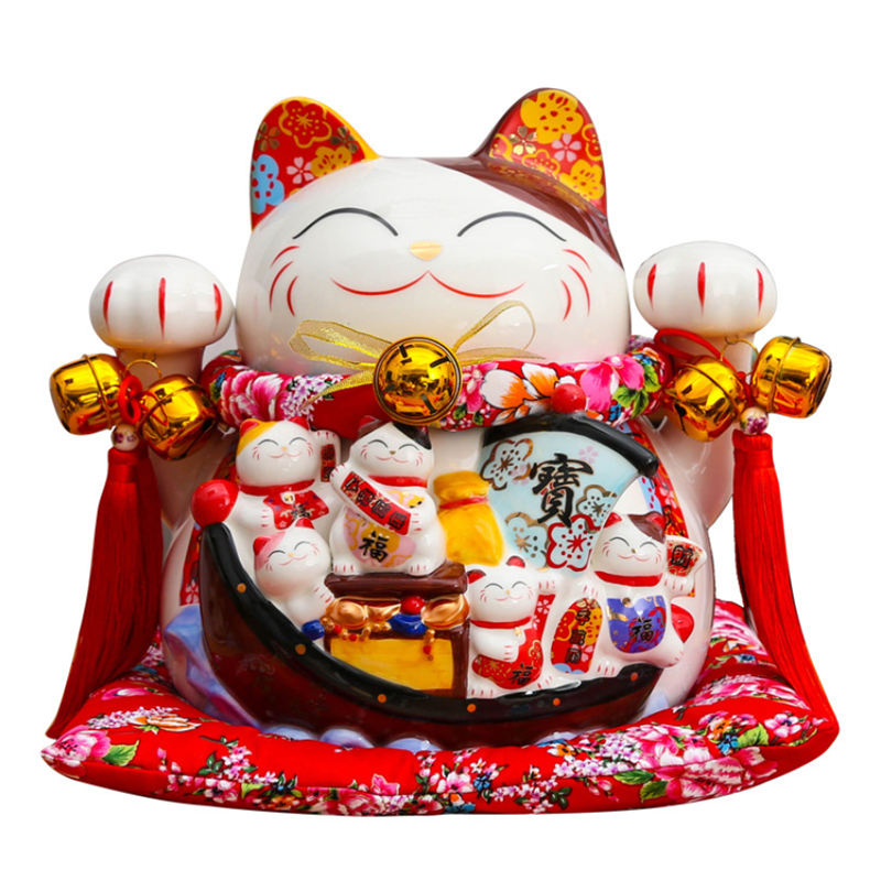 14 inch Maneki-Neko Ceramic Chinese Lucky Cat Beckoning Fortune Cat Figurines Lucky Charm Money Box Home Decoration Ornaments