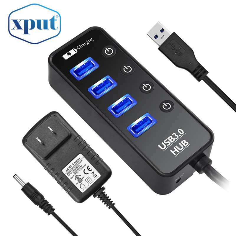 5-портовый концентратор USB 3,0 с 4 портами для передачи данных, умный зарядный порт 5 В/2,1 А, индивидуальные переключатели ВКЛ/ВЫКЛ (черный АБС-пластик)