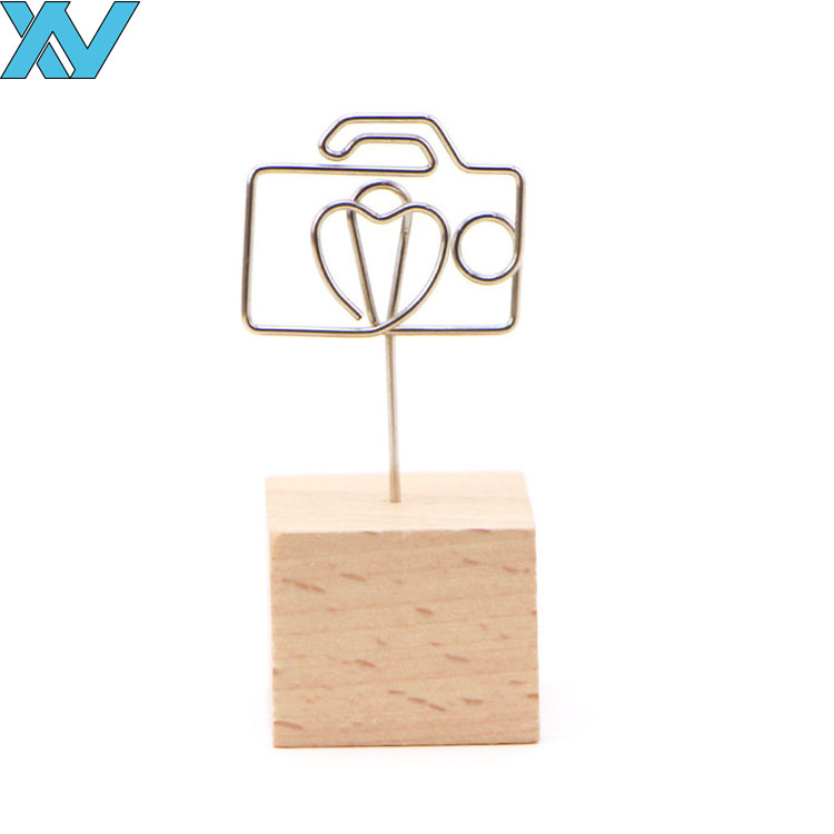 Desktop Metal Stainless Steel envelope Memo Clip Holder wooden base