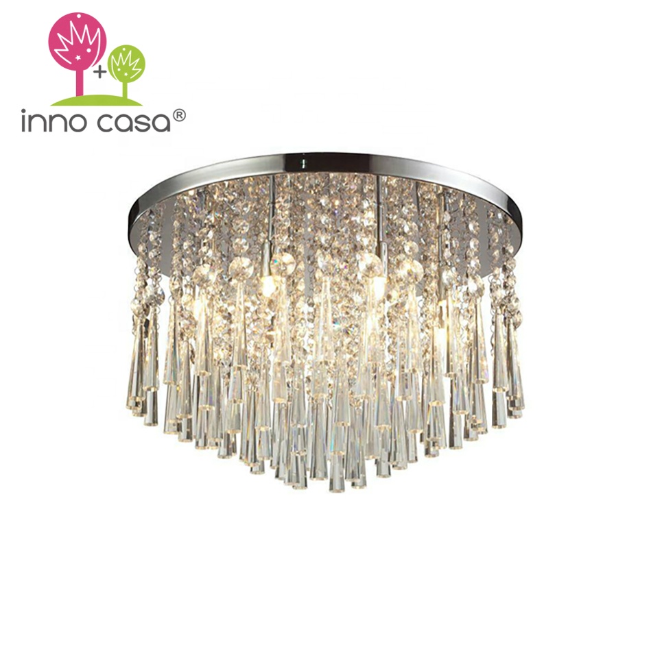 Luxury Modern Decorative Iron & K5 Crystal Drop Silver in Chrome Indoor Flushmount Crystal Lamp for Living Room & Hotel