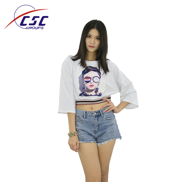 Китайский поставщик одежды Midriff три четверти рукав O круглый шеи Футболка женщин Crop Top