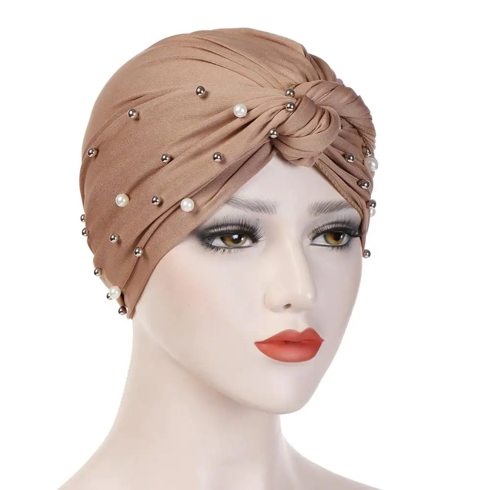 Оптовая продажа 2019, лидер продаж, мусульманская вязаная головная повязка, Высококачественная простая эластичная женская шапка с жемчугом, мусульманская шапка для рака, химиотерапии