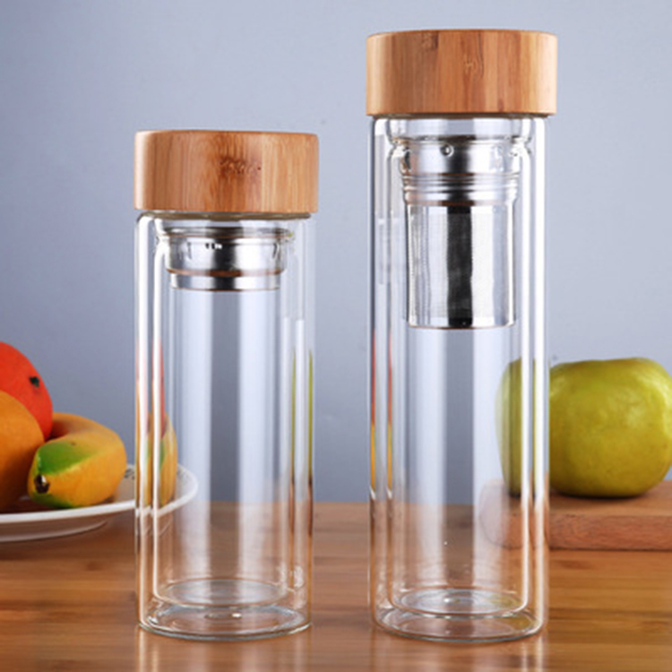 MIKENDA Bamboo Lid Double Wall thermos Glass Tea Bottle with Stainless Steel Infuser 450ml