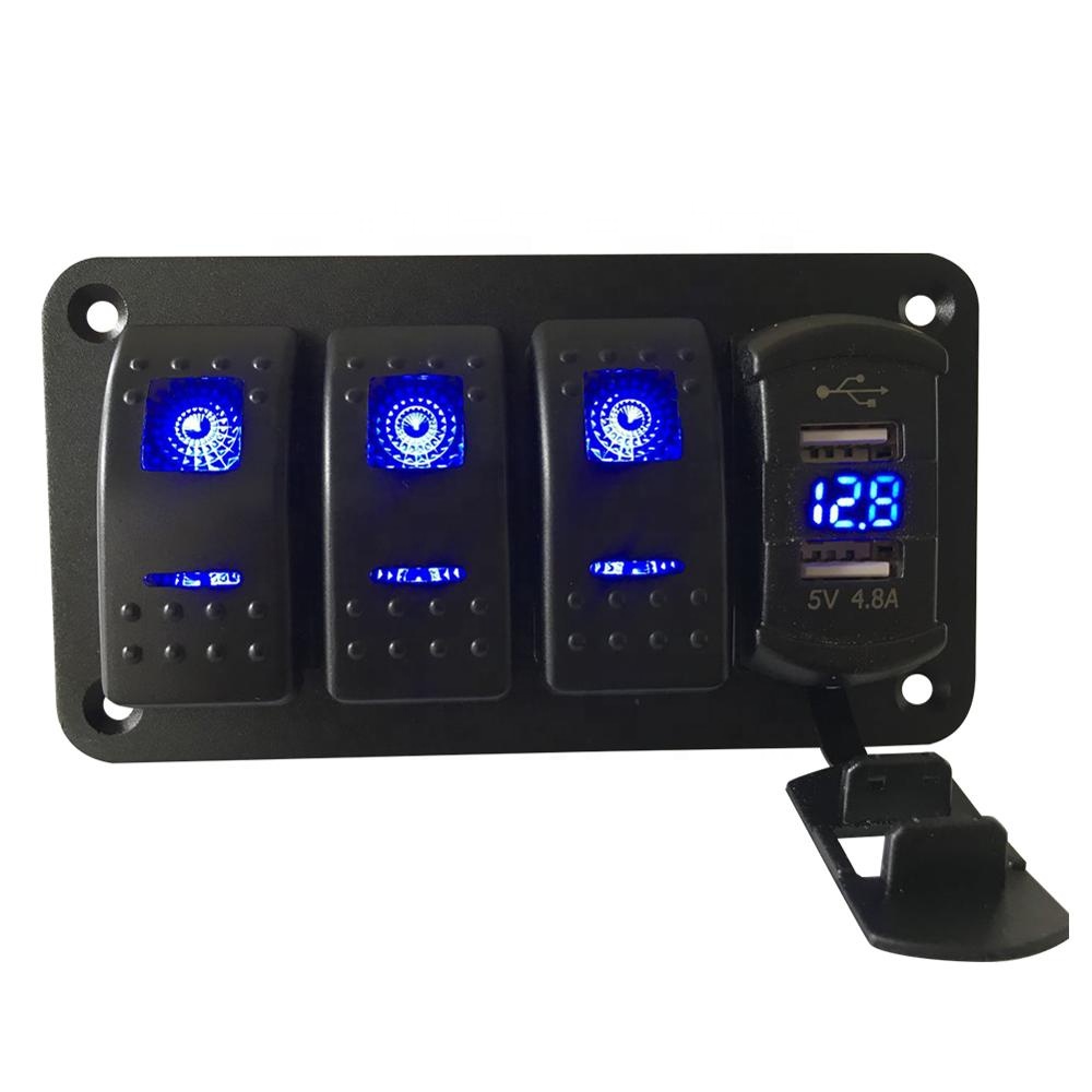 4 банда синий светодиод кулисный переключатель панель с 4.8A USB и DC12V/24 V светодиодный вольтметр