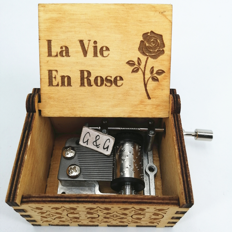 Оптовая продажа, деревянная музыкальная шкатулка с рукояткой La Vie En Rose, музыкальная шкатулка