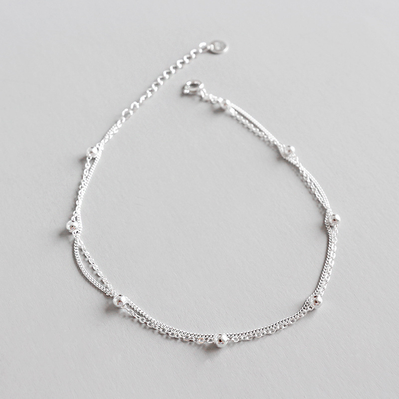 Geometric Interval Silver Beads Double Layer Cross Chain Side Chain Sterling Silver Anklet