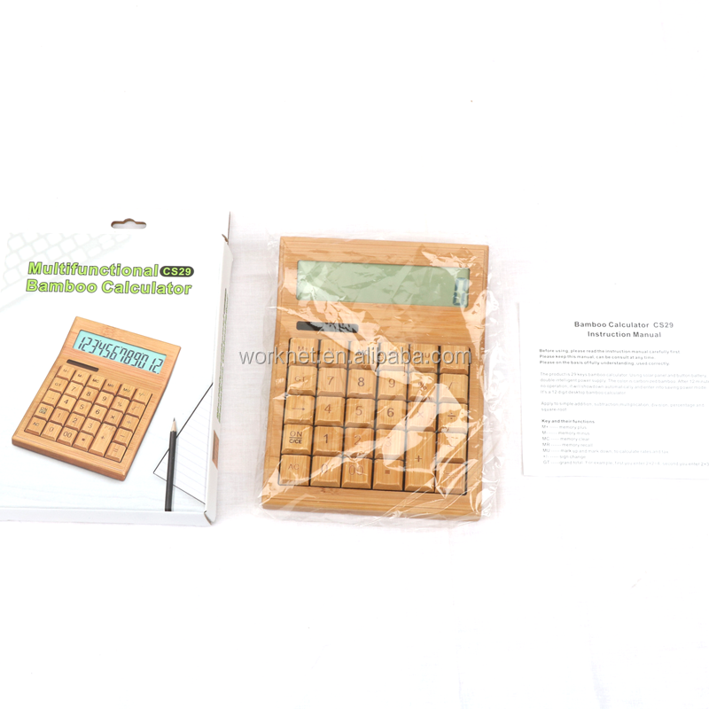 Eco-friendly Finely Handcrafted LCD Display 29 Function Keys 12 Digits Solar Powered Nature Bamboo Wood Calculator For Gift