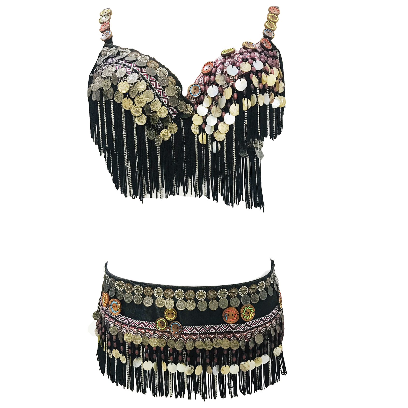 PRofessional Crisp Sound Shell and Coin Tribal Tassel Bra and Belt Set for Belly Dance