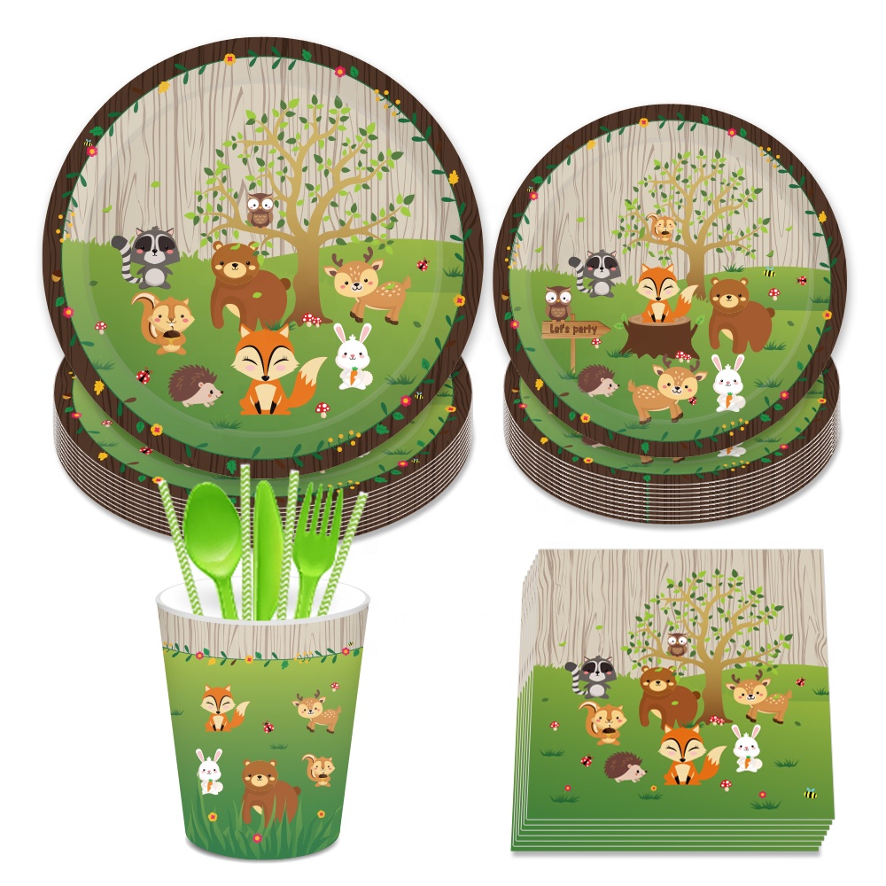 MM015 woodland животных Бумага Посуда Набор служить 8, Лесной животных партии тарелки, чашки и салфетки