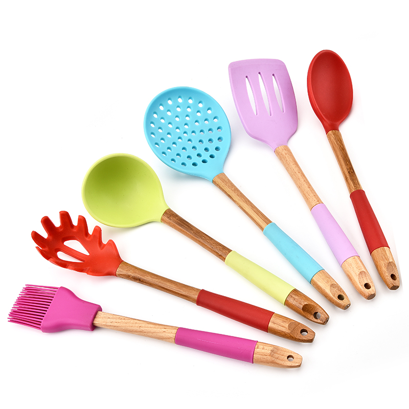 6 шт деревянной ручкой многоцелевой силикона kitchenware инструменты для приготовления пищи набор кухонных принадлежностей