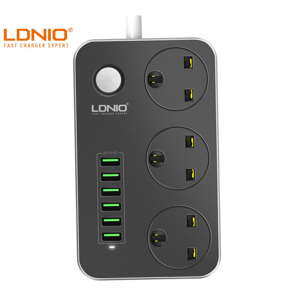 LDNIO SK3662 3-розетки полосы от перенапряжения переменного тока Шнур с 10A 6 портов USB Quick Charge 2,0 зарядная станция розетка штепсельная вилка британского стандарта