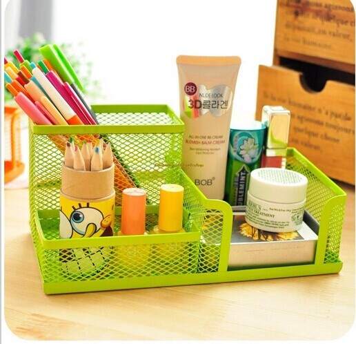 Office supplier wire mesh 3 compartments drawer desktop pen cup metal mesh desk organizer