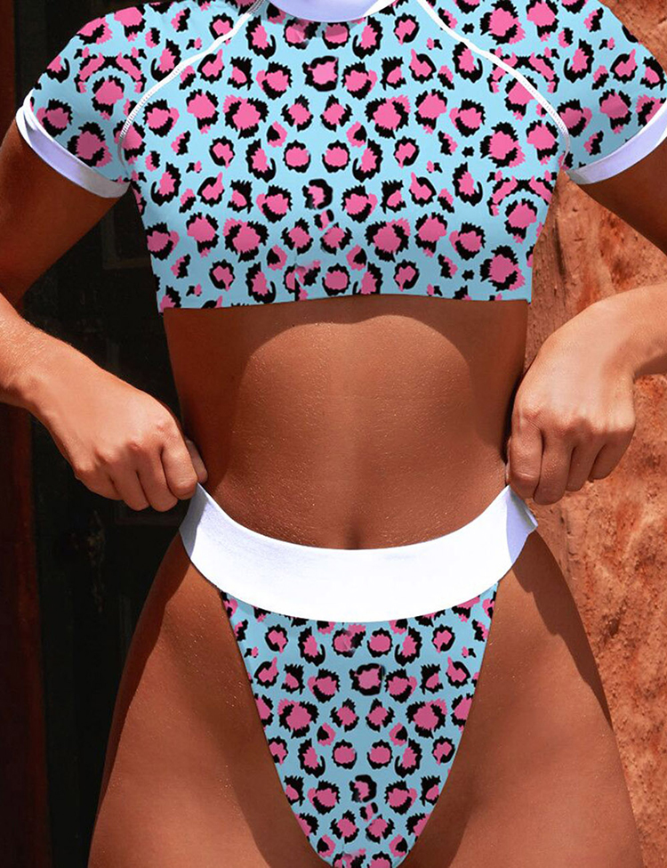 Женщины Leopard печати купальники Half Sleeve стринги высокой талии бикини купальник