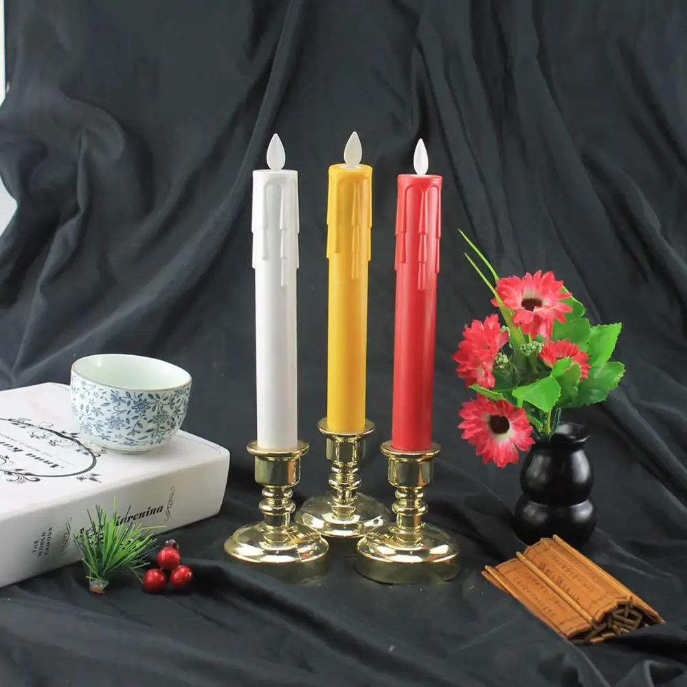 Real Wax Flameless Moving Wick Ledgold Taper Candle Holder Plastic Electronic Dancing Candles.