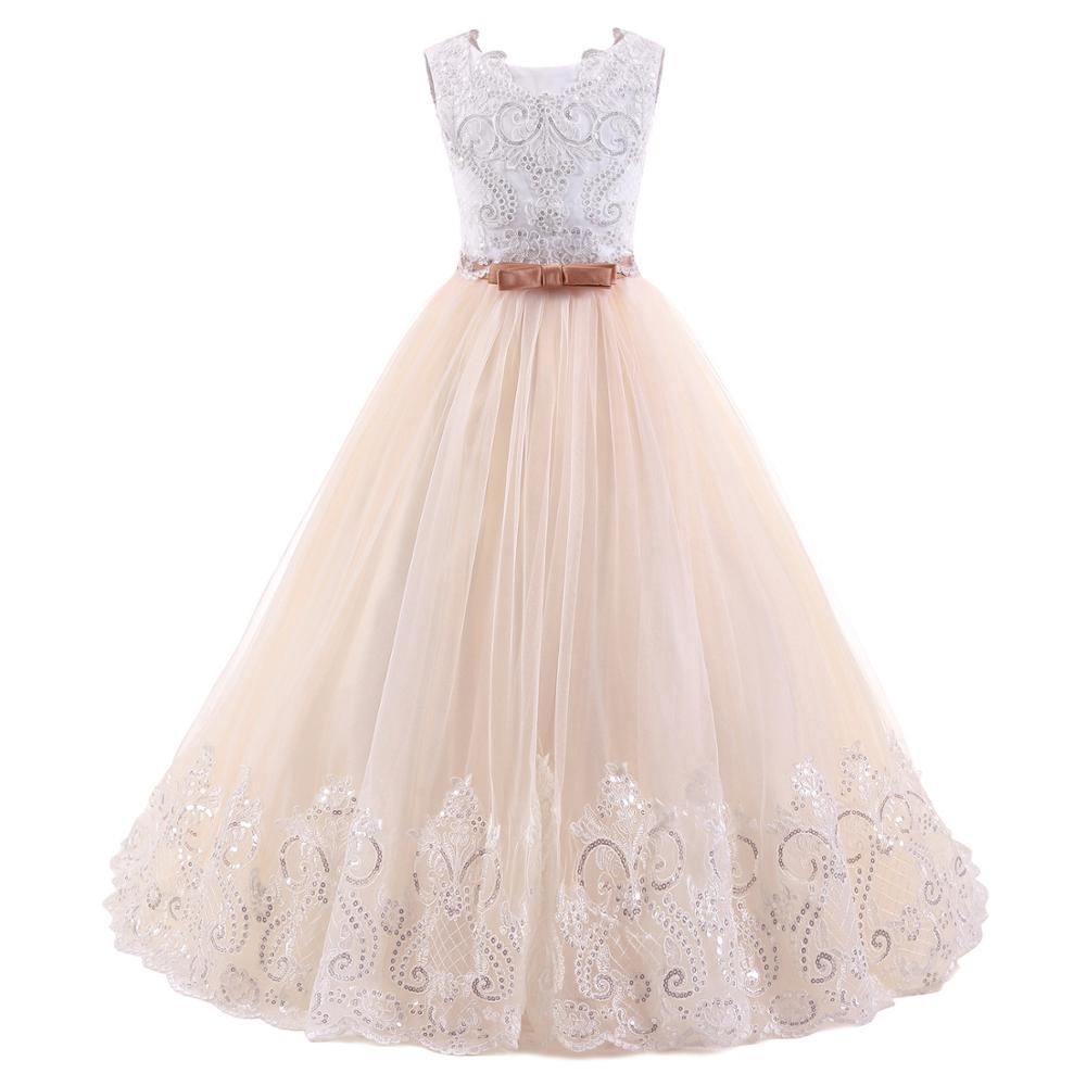 Flower Girl's Birthday Banquet Long Sleeve Lace Stitching Dress Elegant Girl's Wedding Long White Butterfly Lace Loop Dress
