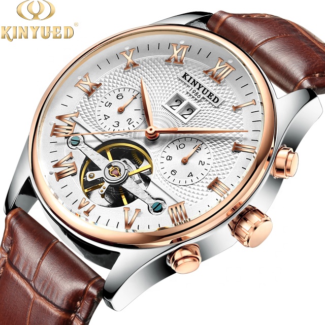 Бренд один KINYUED механические часы модные кожаные tourbillon Мужские автоматические