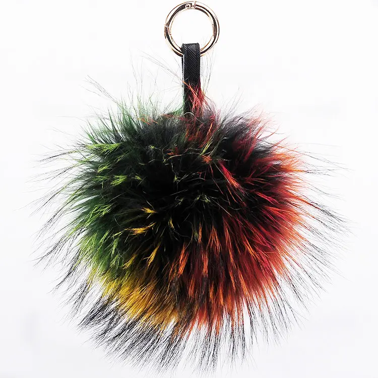 wholesale real fur ball 15 cm rainbow colorful raccoon fur large pom pom keychains