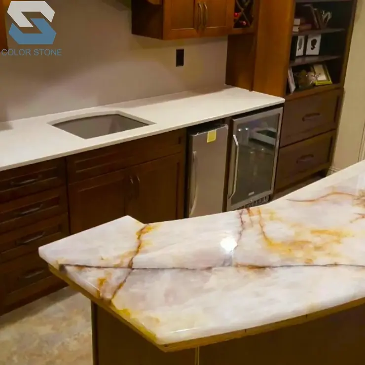 Fabricated natural snow white onyx countertop for bench table tops and hotel lobby and front desk