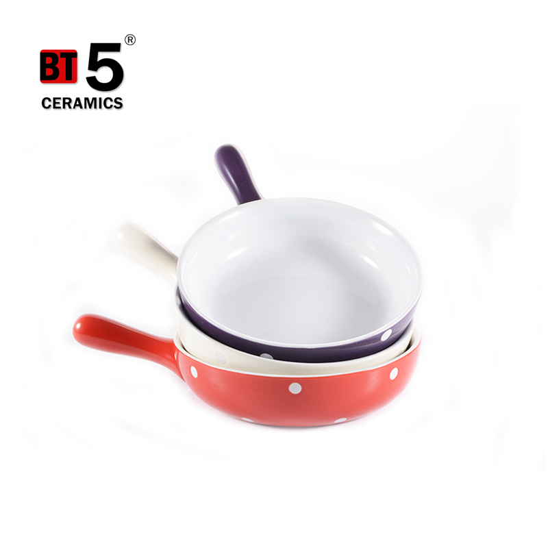 Custom cost-effective round shape decal printing ceramic pot pan with handle