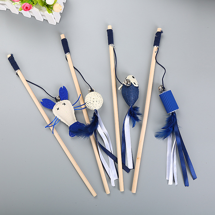 Wholesale Custom New Design Blue Feather Cat Teaser Stick Sisal Interactive Cat Toys