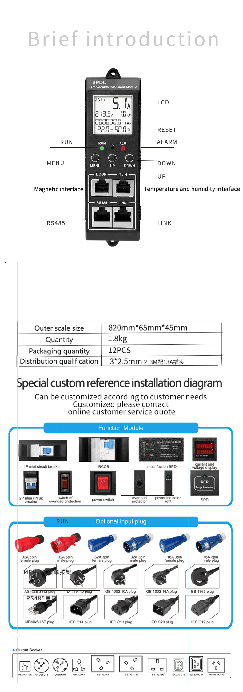 1.5U intelligent monitoring type PDU power socket 12-bit C13 jack 32A input vertical installation 485Modbus-RTU protocol