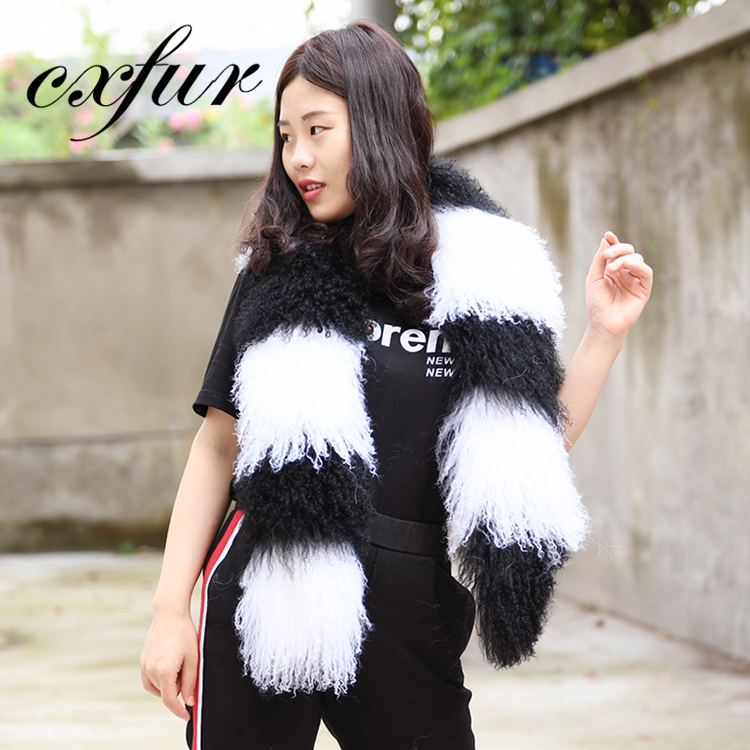 CX-S-134A New Knitted Real Mongolian Lamb Fur Scarf