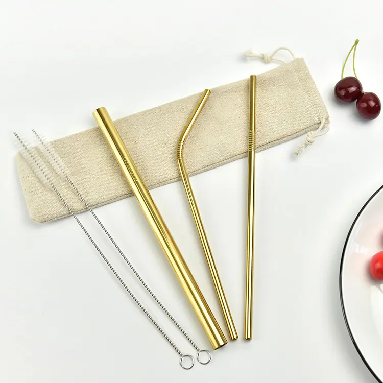 Food Grade Approved Reusable Food Grade Gold Stainless Steel 18/8 Straw Set