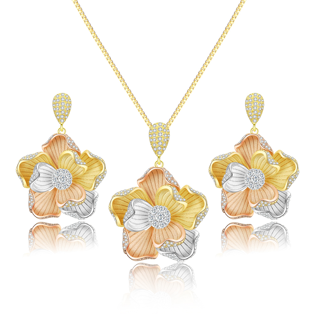 Ladies Dubai Triple Gold Plated CZ Earring and Necklace Fashion Jewelry Set