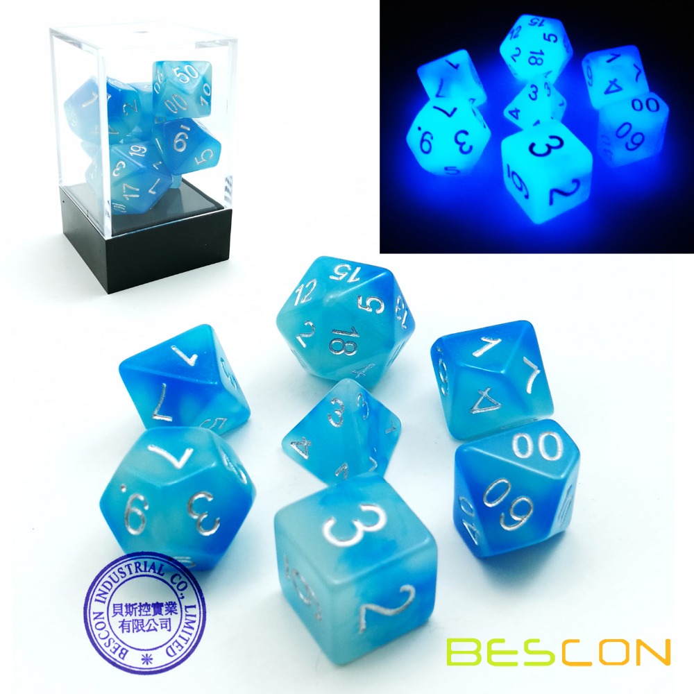 Bescon Gemini светящиеся многогранные игральные кости 7 шт. в наборе ледяные камни, набор светящихся игральных костей для ролевых игр d4 d6 d8 d10 d12 d20 d %, упаковка кирпичной коробки