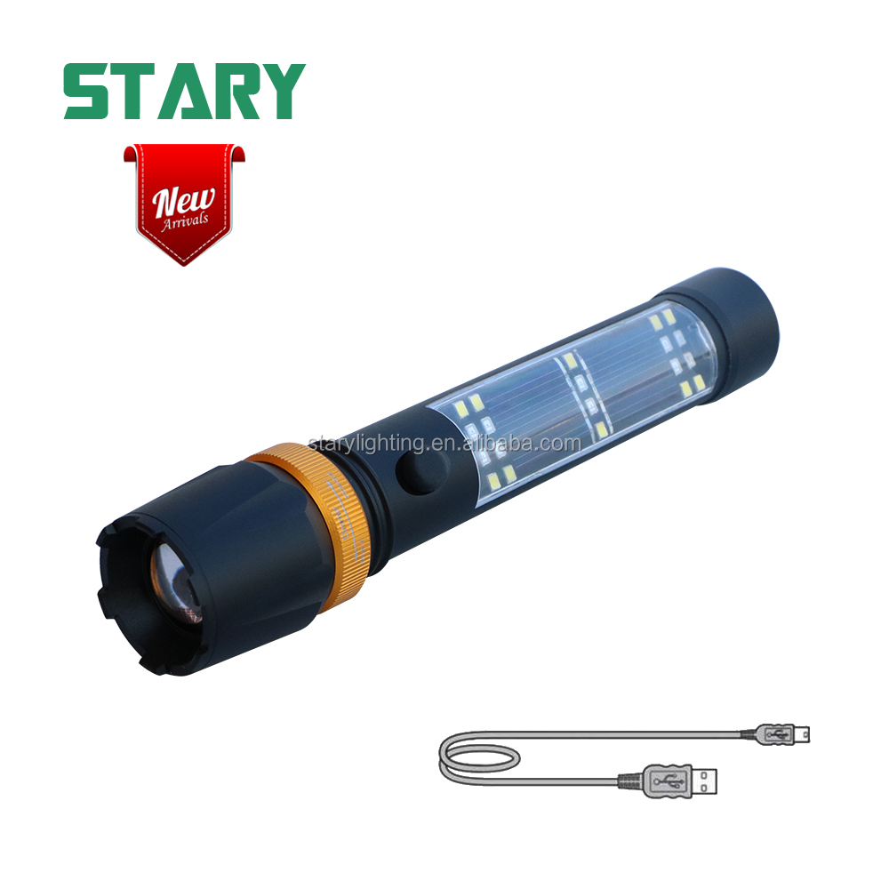 New arrival 10w 320 lumen zoomable solar led flashlight with 3w 150 lumen cob white light and red warning light