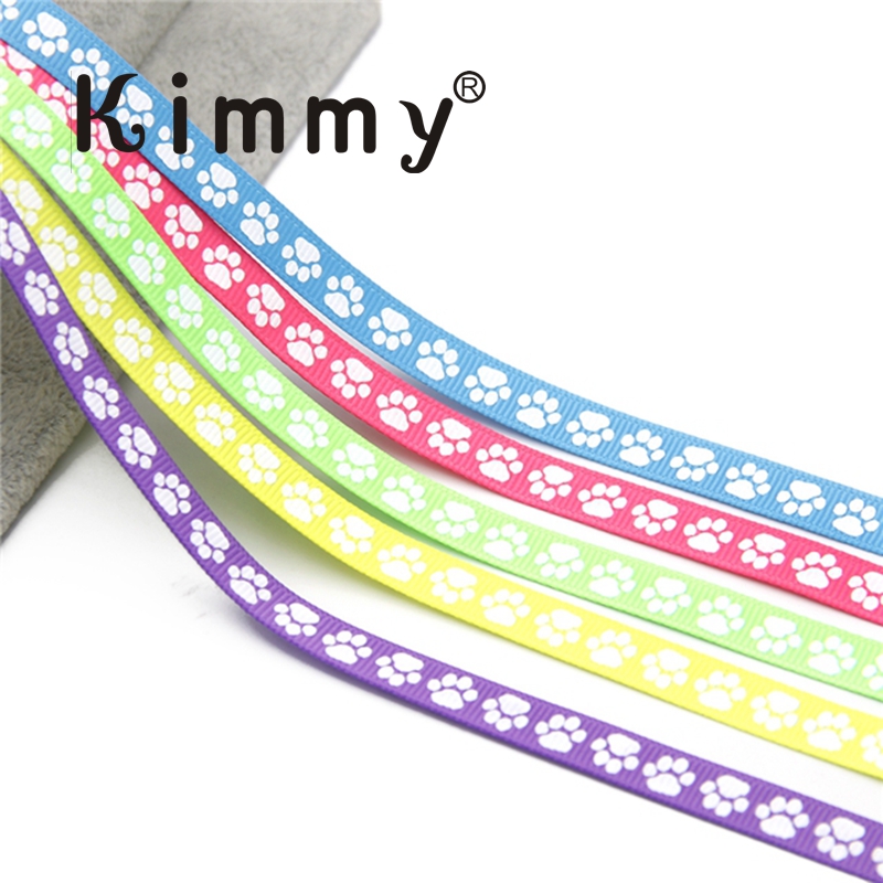 3/8" Black Ink Paw Print Grosgrain Ribbon Red Orange Yellow Green Blue Pink Dog Collar Leash Bow Grooming Bows