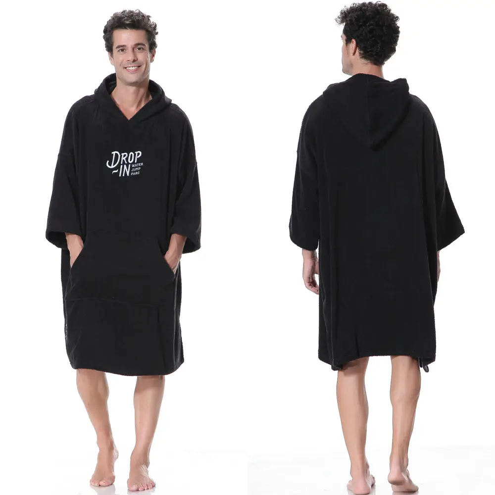 Adult surf poncho hooded beach towel long black cotton terry poncho hooded towel
