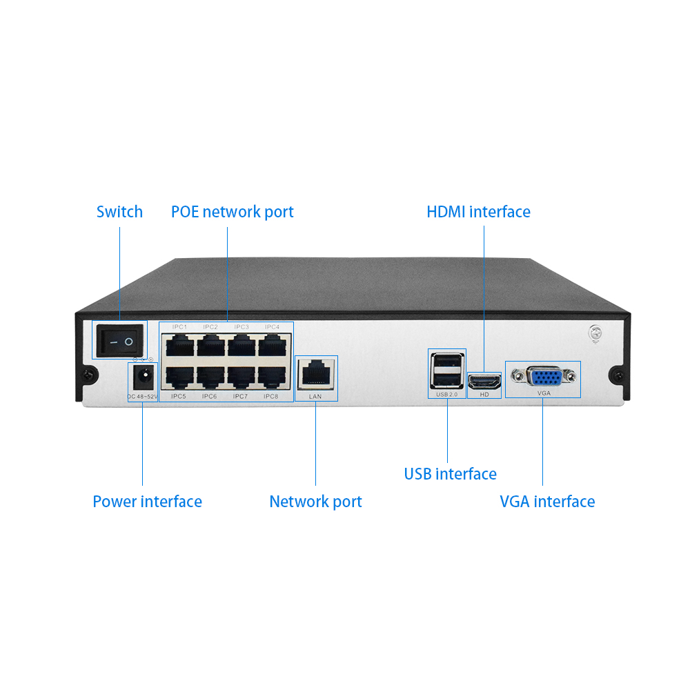 8 портов POE 16CH сетевой видеорегистратор H.265 NVR для системы видеонаблюдения