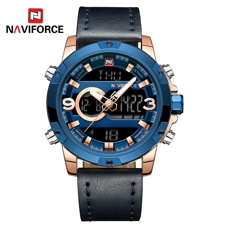 Оригинальный бренд NAVIFORCE 9097 двойной дисплей светодио дный светодиодный цифровой аналоговые часы кожа кварцевые часы 30 м водонепроницаемый наручные часы