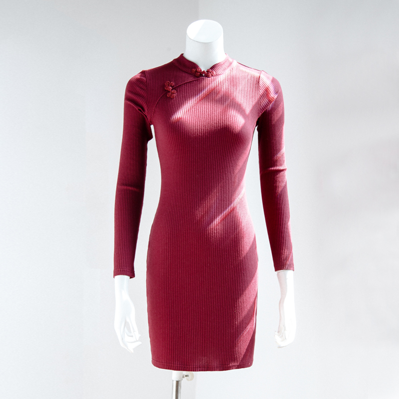 Ретро красный/черный хлопок ребра с длинным рукавом основы Китайский cheongsam qipao невесты Вечерние Короткое мини платье