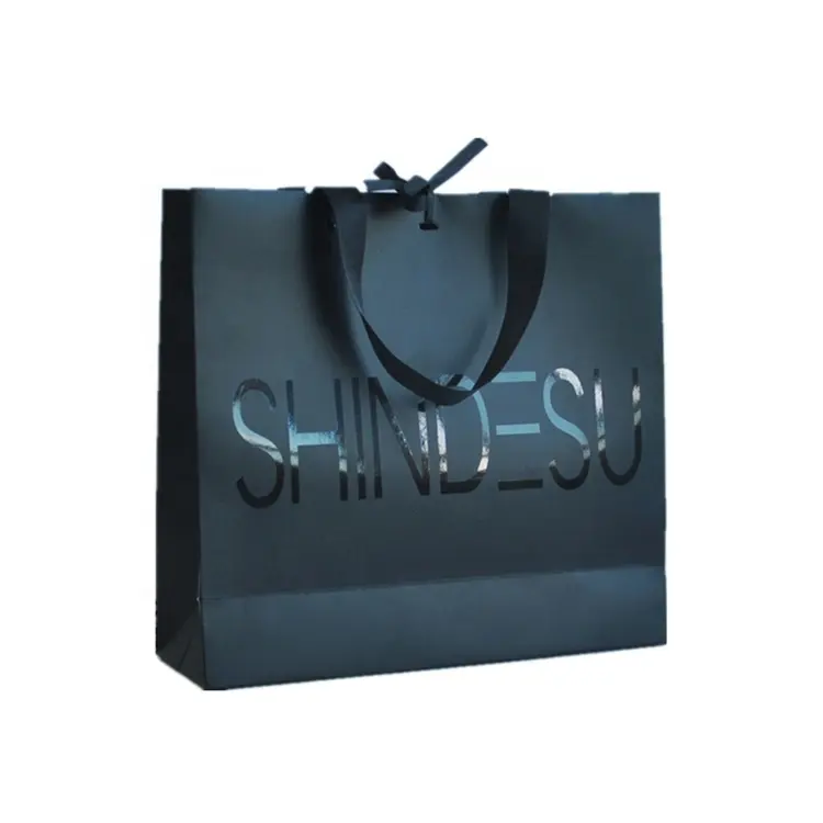 Custom Design Ribbon Handle Black Luxury Clothing Shopping Packaging 250 gsm Art Paper Bag For Clothes