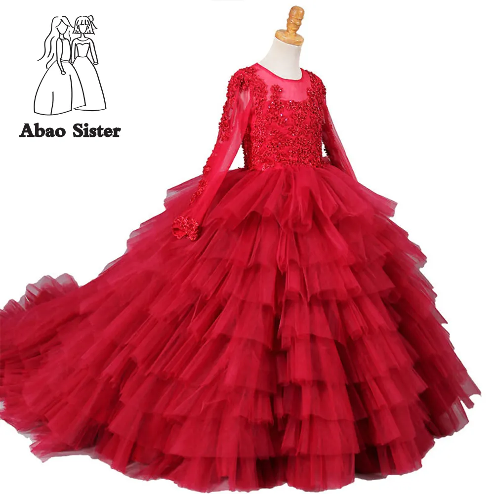 Luxury red color long sleeve fancy flower girl dress for Wedding 2019 ball gown party dress