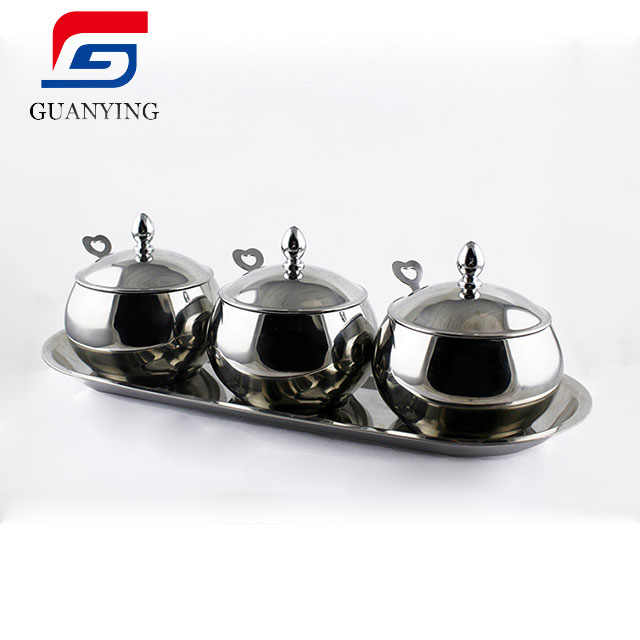 Stainless Steel condiment set-3 sugar pot with spoon Lids and 1 Condiment Tray Sugar Pot