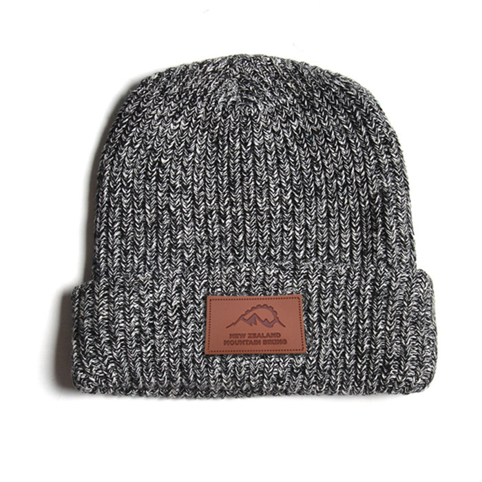 На заказ унисекс для взрослых шерсть вереск серый вязаный ребристый Toque Beanie с кожаной этикеткой сохраняет тепло зимой