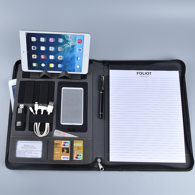 Пользовательский Исполнительный молнии A4 padfolio pu кожаный портфель с power bank