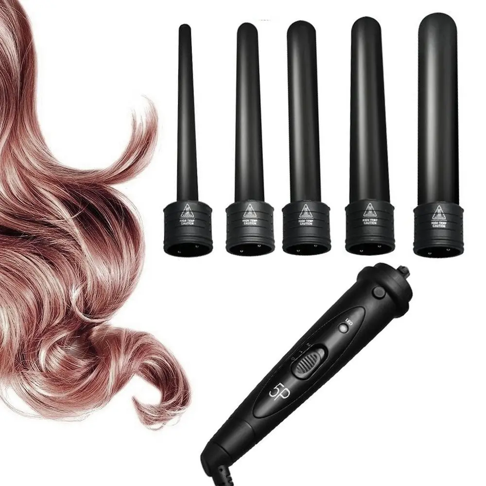 Amazon FBA 5 in 1 Curling Wand Set hair crimper iron with Changeable Barrels and LCD display professional hair curler irons