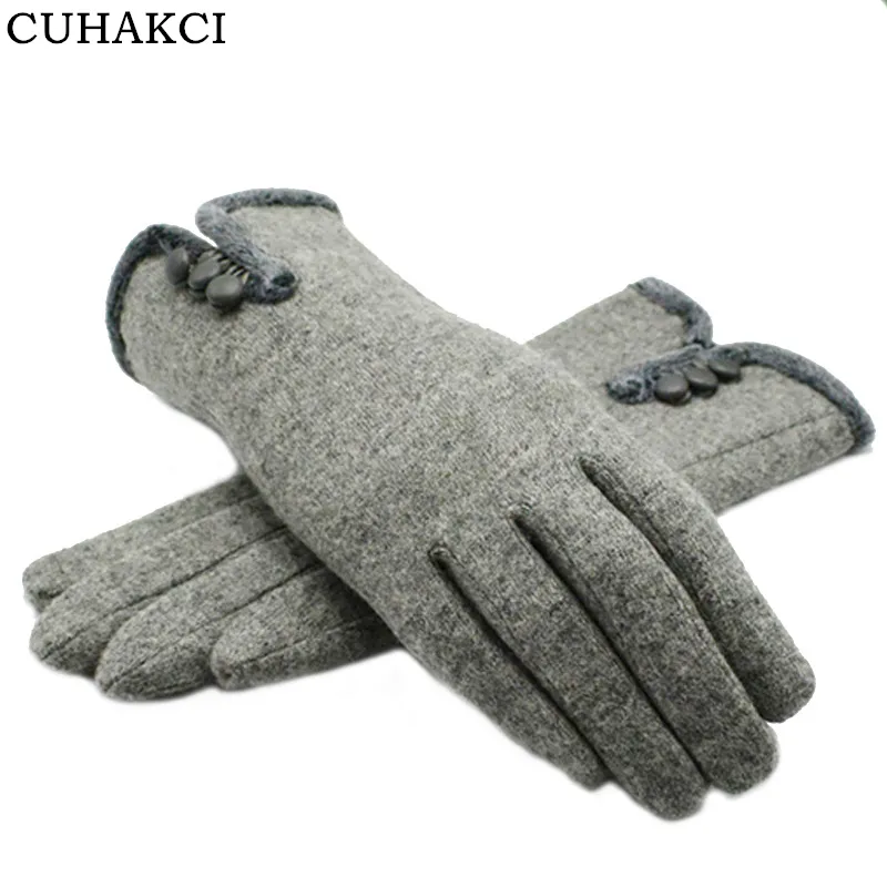 Wholesale Buttons Design Warm Cashmere Gloves Winter Thick Wool Fur Warm Mittens For Women Solid Color