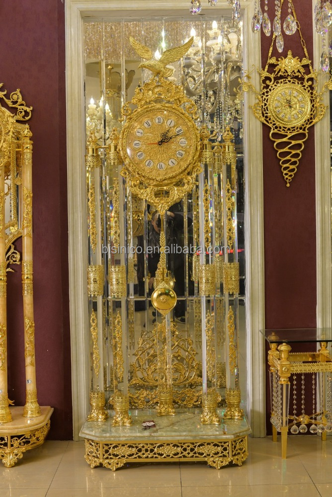 Royal Palace Italy Antique 24K Gold Plated Bronze Floor Clock, Brass Mounted Crystal and Marble Grandfather Floor Clock