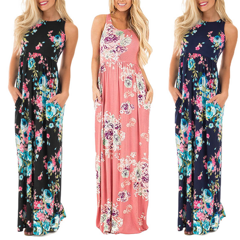 Оптовая продажа; женские Floral Racerback Макси платье с боковыми карманами