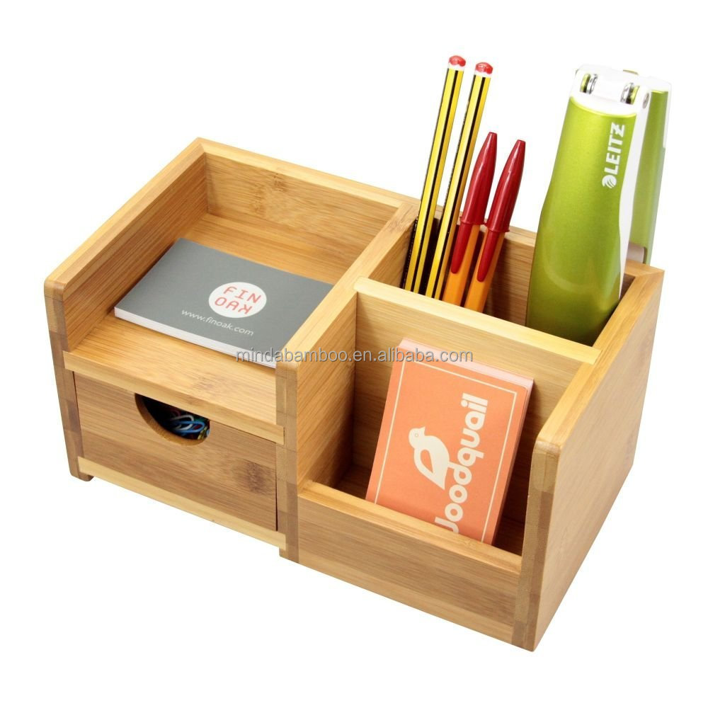 Household recycle office supplies natural bamboo material storage desktop pens business cards storage organizer with drawer