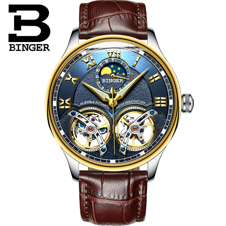 BINGER 8606B L оригинальные модные мужские автоматические часы с двойным турбийоном Switzerland, кожаные механические наручные часы
